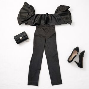 Zara AW19 Black Taffeta Off Shoulder Ruffle Jumpsuit M